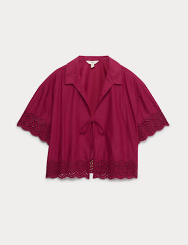 Pure Cotton Cutwork Detail Tie Front Beach Shirt.