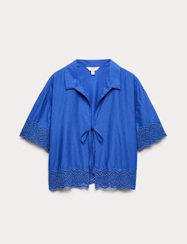 Pure Cotton Cutwork Detail Tie Front Beach Shirt.