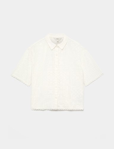 Cotton Rich Textured Collared Beach Cover Up Shirt.