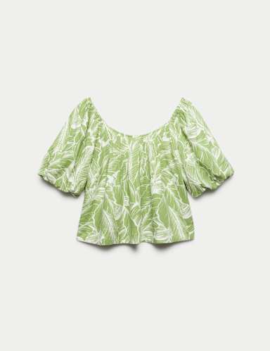 Linen Rich Pleated Puff Sleeve Top.