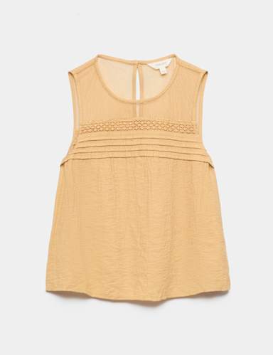 Lace Insert Mesh Yoke Sleeveless Top.