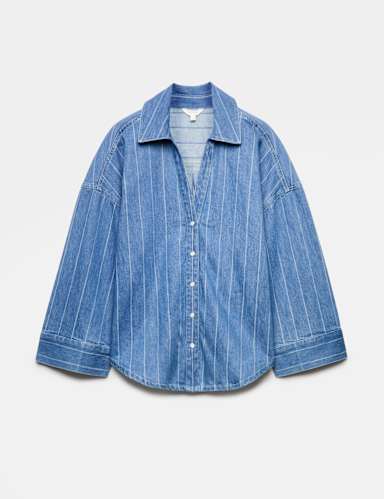 Denim Striped Collared Relaxed Shirt.