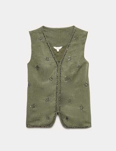 Linen Blend Embellished Waistcoat.
