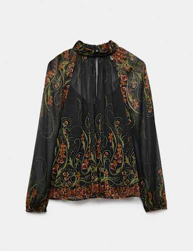 2 Piece Chiffon Floral High Neck Blouse.