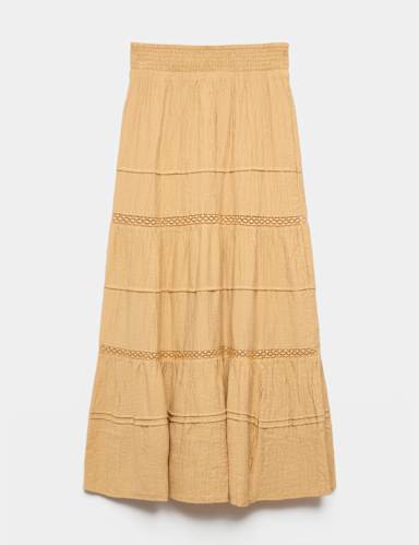 Lace Detail Pintuck Maxi Tiered Skirt.