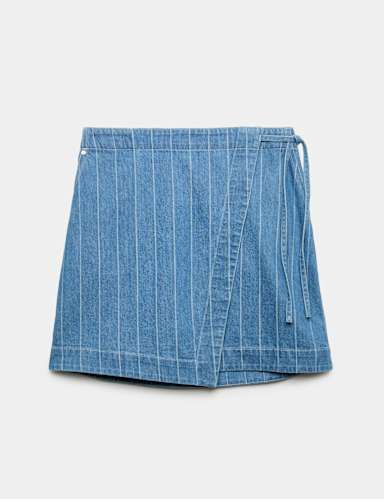 Denim Striped Mini Wrap Skirt.