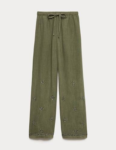 Lyocell Rich Embellished Wide Leg Trousers.
