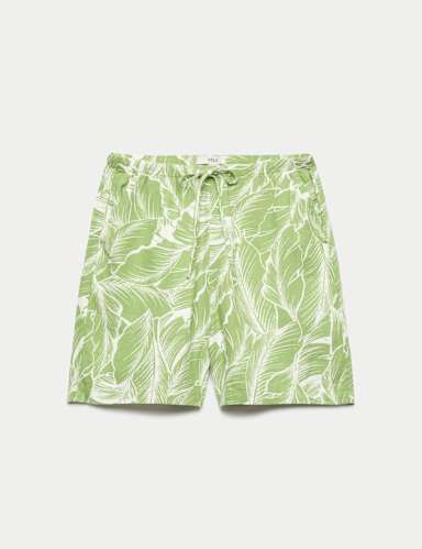 Linen Rich Palm Print Shorts.