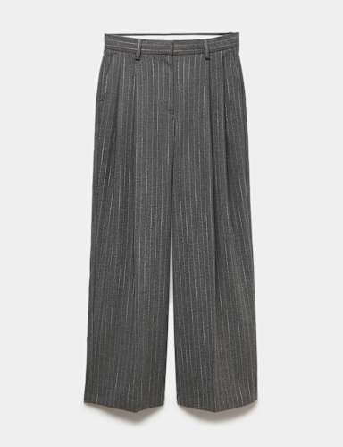 Pinstripe Pleat Front Straight Leg Trousers.
