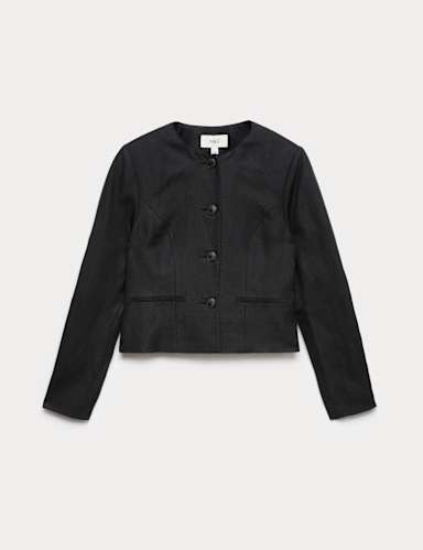 Linen Viscose Blend Collarless Jacket.