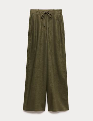 Linen Rich Twill Drawstring Wide Leg Trousers.