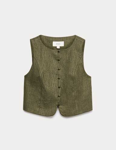 Linen Rich Twill Button Through Waistcoat.