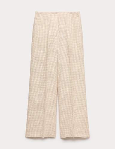 Pure Linen Gingham Wide Leg Trousers.
