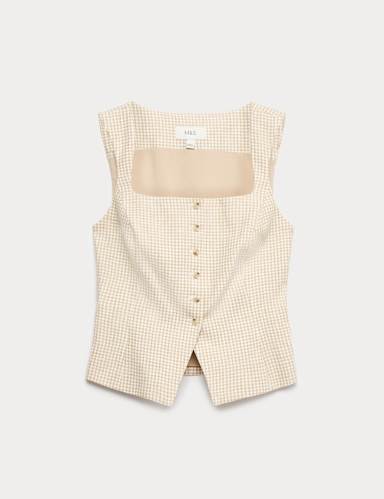 Pure Linen Gingham Waistcoat.