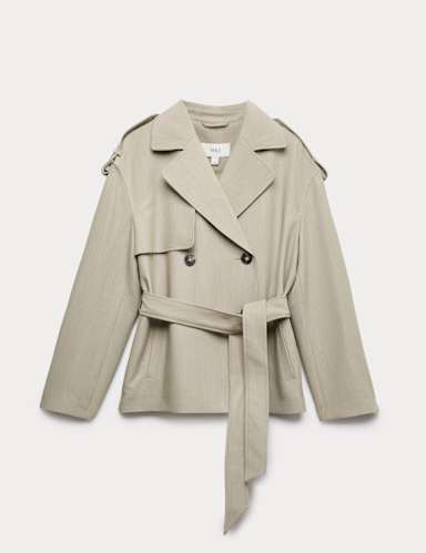 Belted Double Breasted Short Trench Coat.