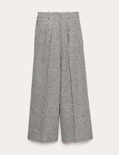 Pure Linen Checked Pleat Front Trousers.