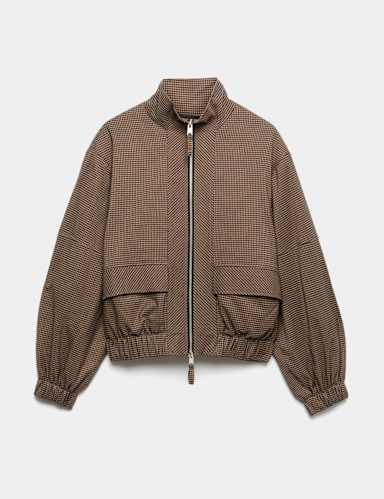 Checked Funnel Neck Jacket.