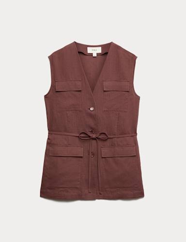 Belted Utility Longline Waistcoat with Linen.