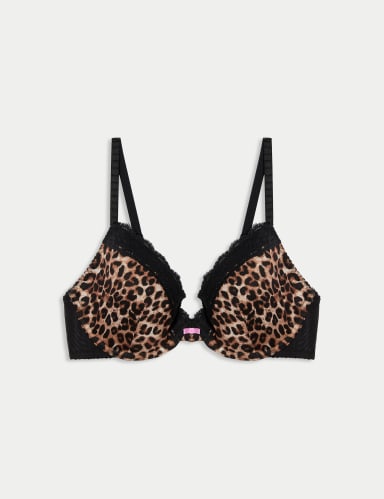 Printed Lace Trim Wired Plunge Bra A-E.