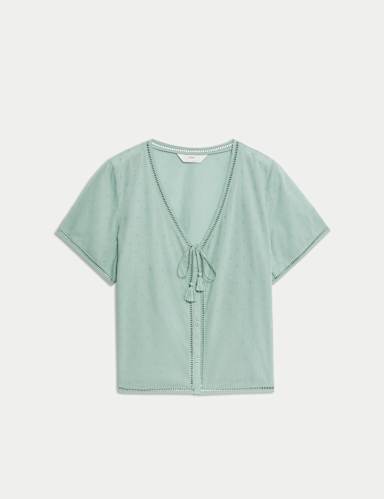 Pure Cotton Dobby Tie Front Pyjama Top.