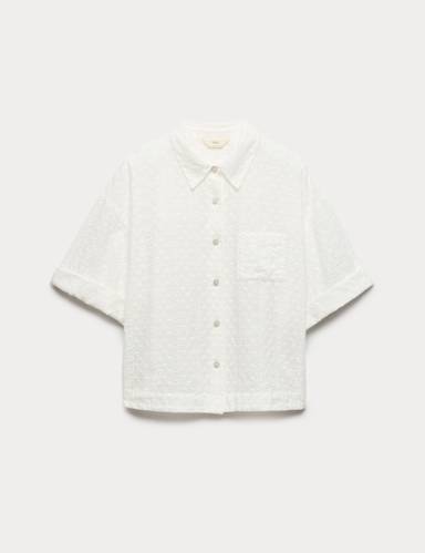 Pure Cotton Broderie Short Sleeve Pyjama Shirt.