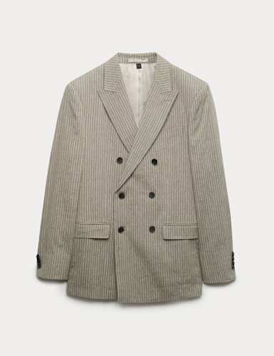 Tailored Fit Italian Performance Linen Blend Pinstripe Suit Jacket.