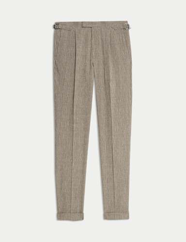 Tailored Fit Italian Performance Linen Blend Pinstripe Suit Trousers.
