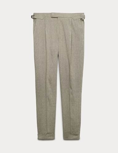 Tailored Fit Italian Performance Linen Blend Pinstripe Suit Trousers.