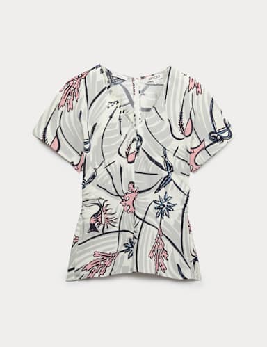 Pure Silk Floral Ruched V-Neck Top.