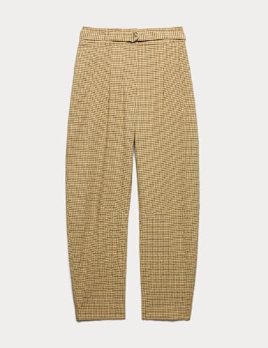 Cotton Rich Checked Barrel Leg Trousers.