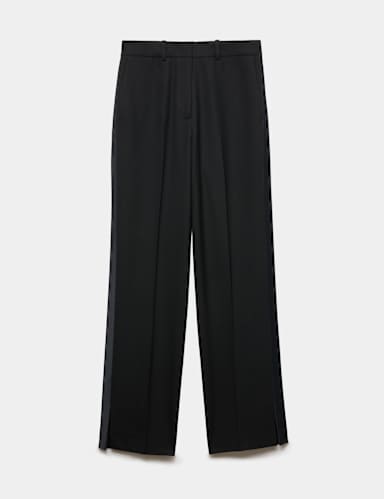 Pure Wool Satin Trim Tuxedo Straight Leg Trousers.