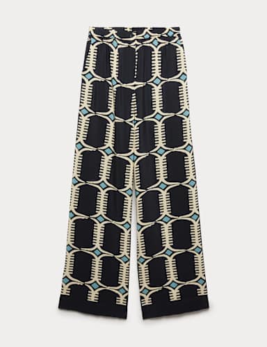 Pure Silk Geometric Print Wide Leg Trousers.