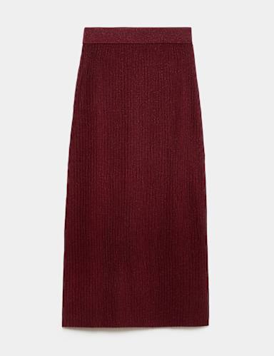 Merino Wool Rich Sparkly Ribbed Midi Column Skirt.