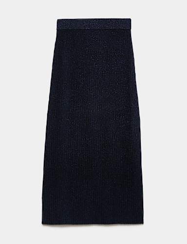 Merino Wool Rich Sparkly Ribbed Midi Column Skirt.