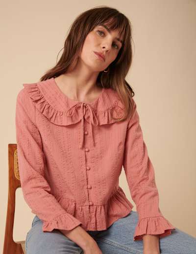 Jersey Ribbed Ruffle Collar Top | Joules | M&S