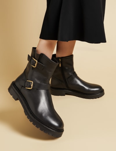 Wide Fit Leather Flat Ankle Boots M S Collection M S