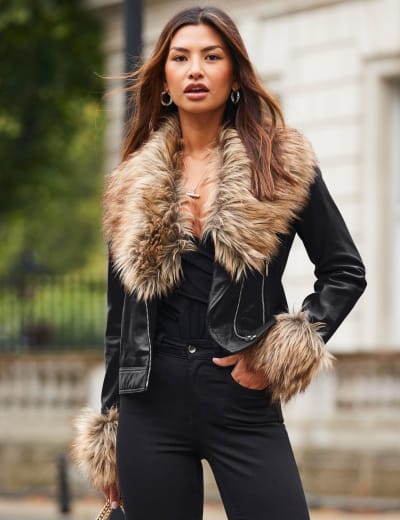 Suedette Faux Fur Trim Longline Coat Per Una M S