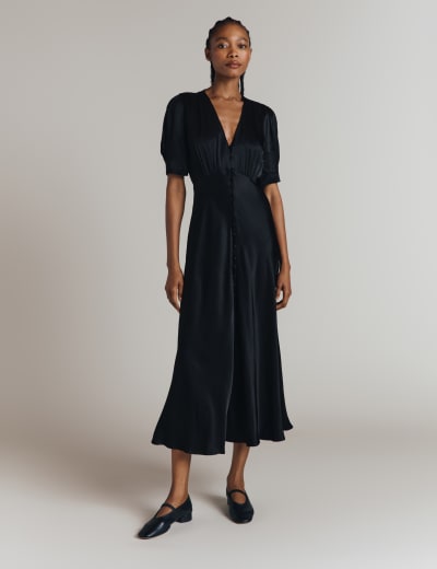 Satin Polka Dot Midi Waisted Dress Ghost M S