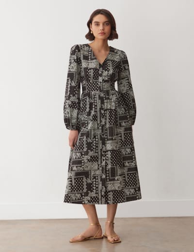 Floral Embroidered V-Neck Midi Waisted Dress | Monsoon | M&S