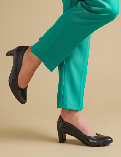 Wide Fit Leather Block Heel Court Shoes M S Collection M S