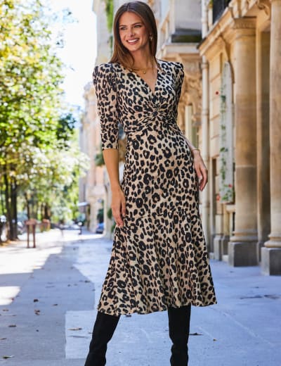 Leopard Print V Neck Midi Wrap Dress Live Unlimited London M S