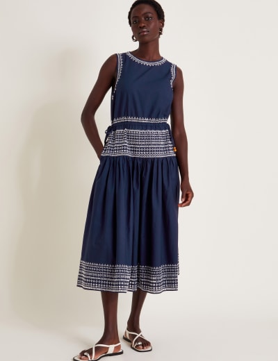 Pure Cotton Embroidered Skater Tiered Dress Monsoon M S