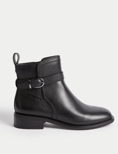 Wide Fit Leather Buckle Flat Ankle Boots M S Collection M S