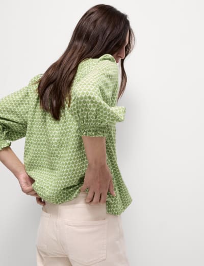 Pure Cotton Printed Shirred Detail Blouse | M&S Collection | M&S