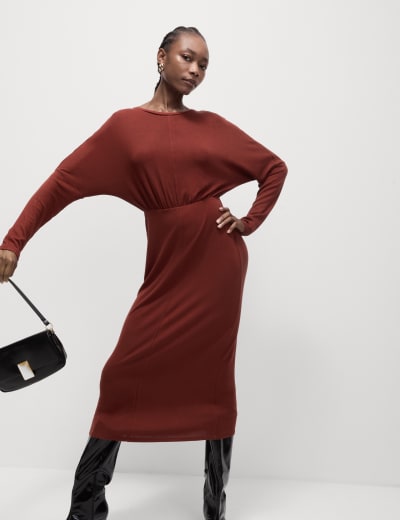 Knitted V Neck Midi Jumper Dress RO ZO M S
