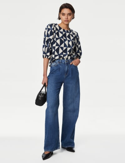 Pure Cotton Printed Shirred Detail Blouse | M&S Collection | M&S