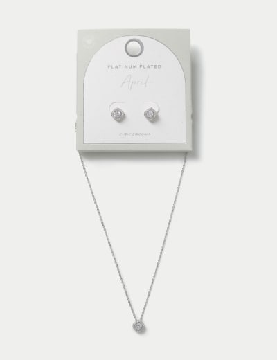 Platinum Plated March Birthstone Earring and Necklace Set M S Collection M S