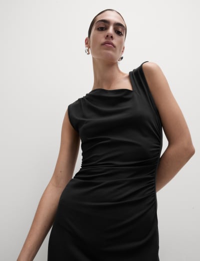 Black asymmetric sleeve embroidered bodycon dress outlet