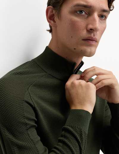 Cotton Blend Ribbed Half Zip Jumper | M&S | M&S