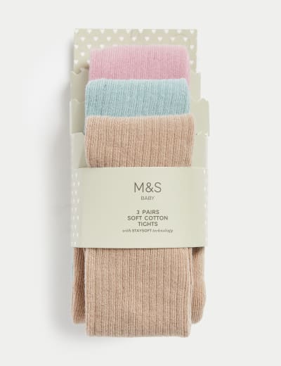 3pk Cotton Rich Floral Ribbed Tights 0 3 Yrs M S Collection M S